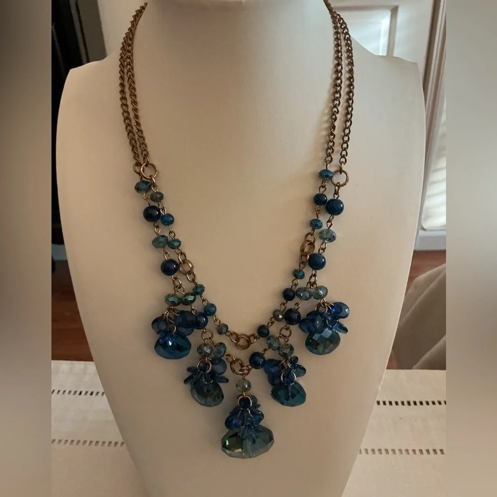 Peacock Blue Crystal Chandelier Gold Tone Necklace